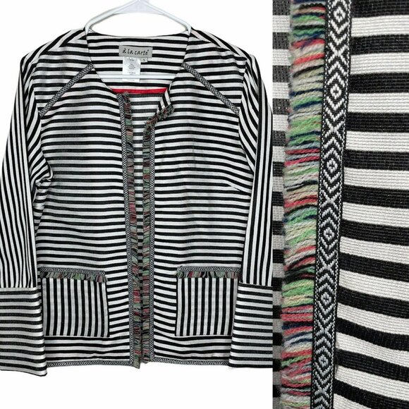 A LA CARTE Jackets & Blazers - A LA CARTE Funfetti Black White Stripe Open Front Blazer Fringe Trim Wms Sz S
